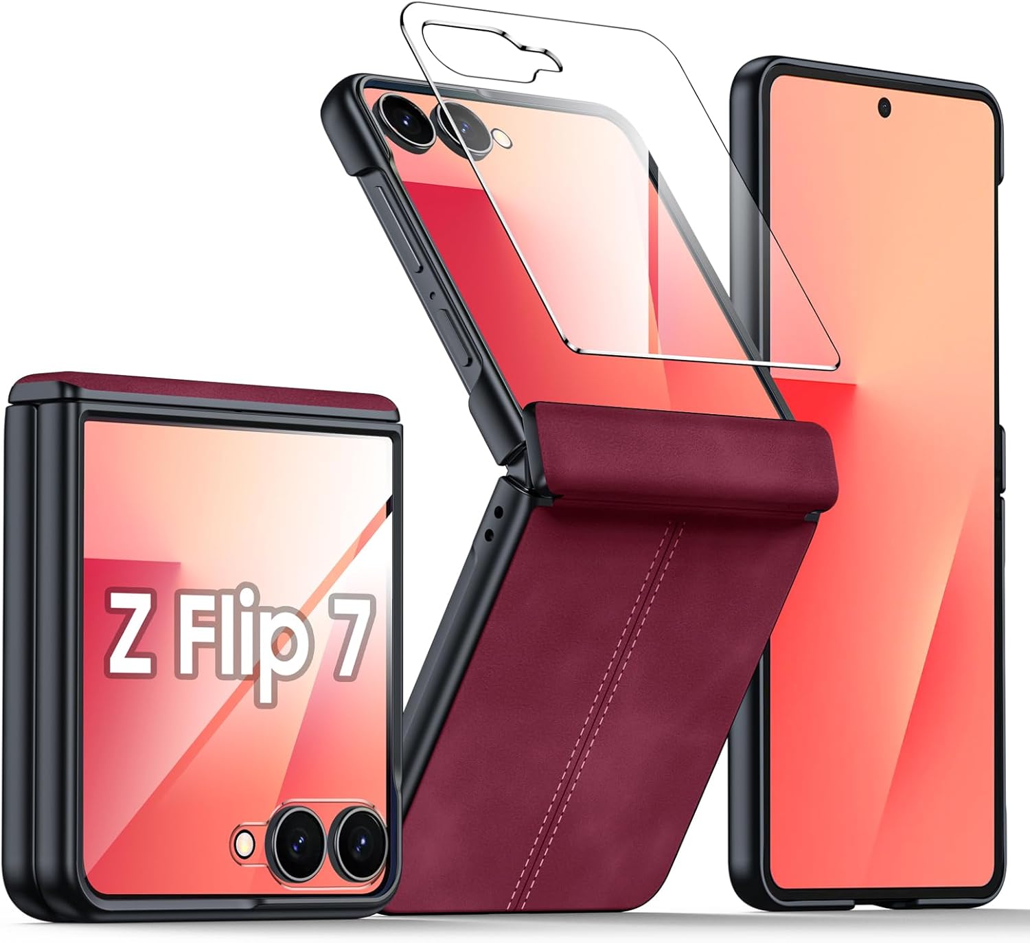 for Samsung Galaxy Z Flip 7 Case with Hinge Protection & Built-in Screen Protector, Ultra Thin Stylish Leather Matte PC Durable Shockproof Cover Phone Case for Galaxy Z Flip 7-Red