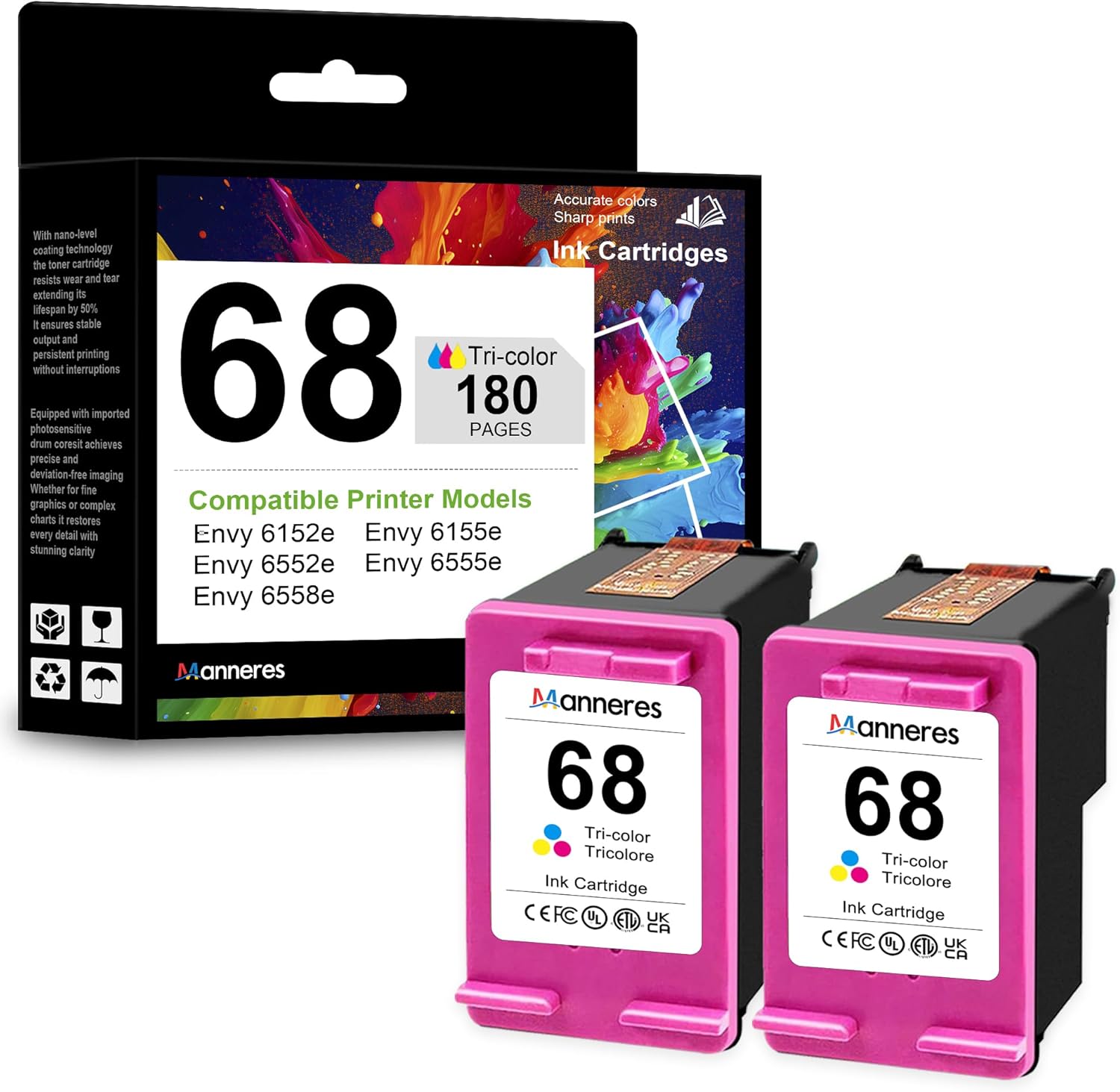 68 Ink Cartridges Replacement for HP 68 Ink Combo Pack for Envy 6555e 6155e 6152e 6552e 6558e Printers High Yield Ink (2-Pack, 1 Black/1 Tri-Color)