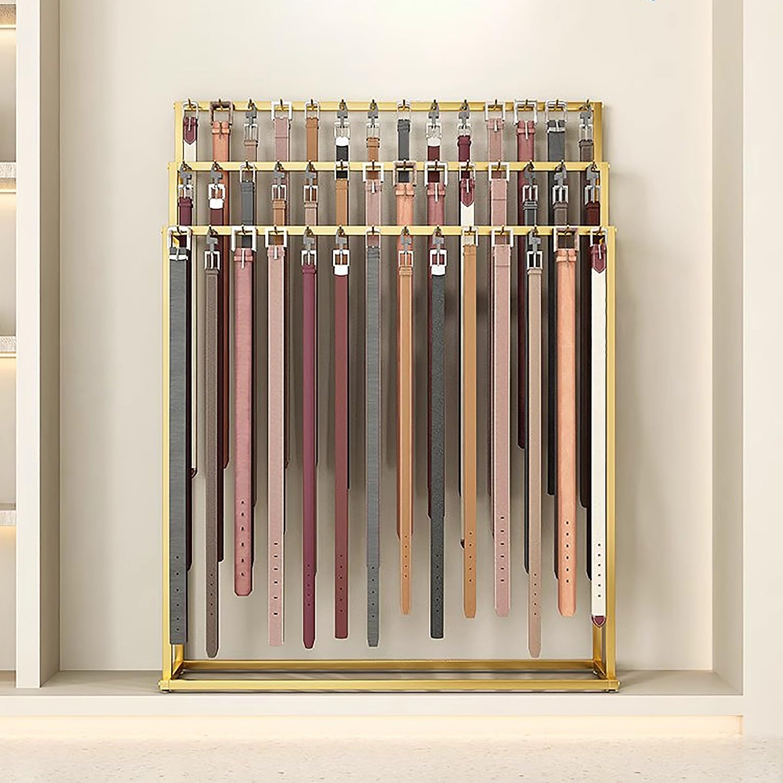 3-stöckiger goldfarbener Metallgürtelständer, bodenstehender Aufhänger für Krawatten, Schals und Geldbörsen, Bekleidungsgeschäft, Organizer, 60 x 40 x 150 cm, stilvolle Aufbewahrungslösung