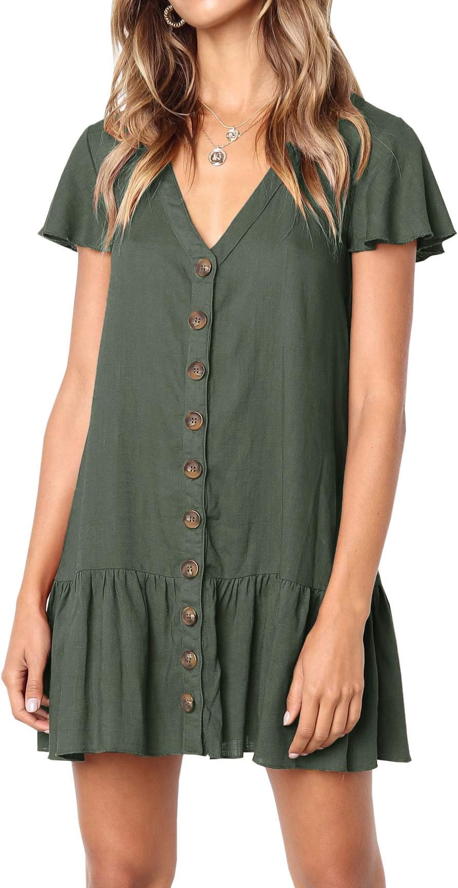 Huiyuzhi Womens V Neck Button Down Shirt Dresses Long Sleeve Ruffles Midi Skater Dress