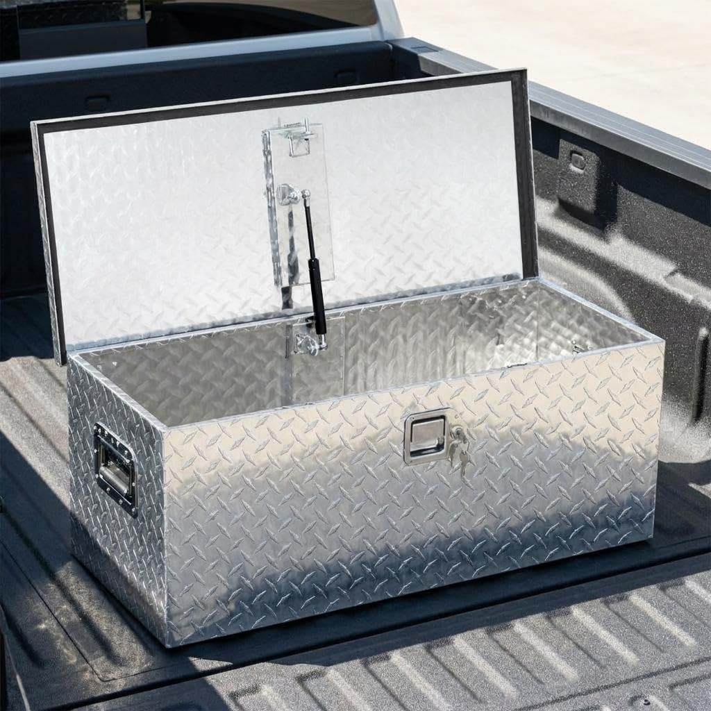 Aptliton Portable Heavy Duty Aluminum Truck Tool Box with Gas Strut & Sliding Divider, Waterproof Pickup Truck Bed Storage Box for Tools Equipment, Silver
