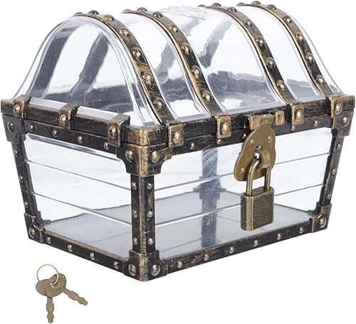 Alipis Caja de tesoro pirata antigua transparente con cerradura y llave tesoro caja de juguetes premios vintage organizador de almacenamiento para