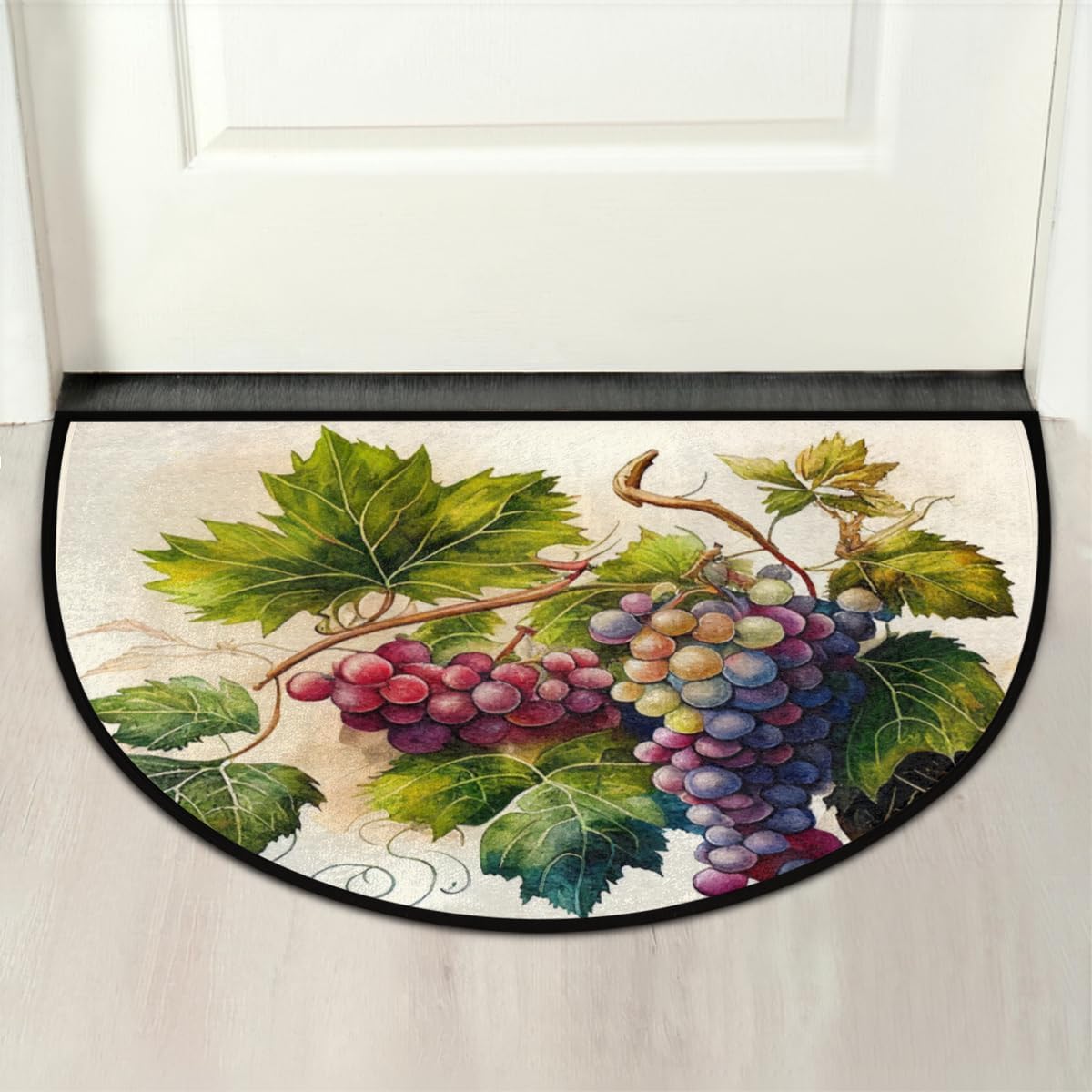 Hand Painting Fruit Grape Half Round Doormat Washable Semi Circle Area Rug Non Slip Absorbent Half Moon Rugs for Indoor Outdoor Kitchen Bathroom Bedroom Living Room Fireplace Floor Carpet Decor