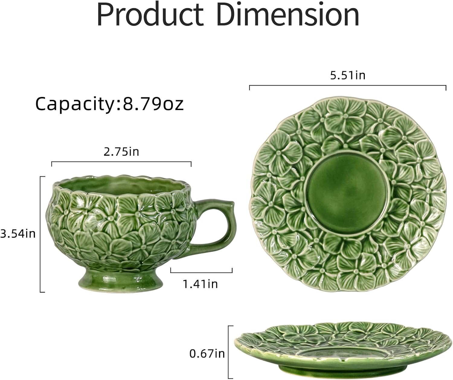 KAMMAK Tea Cups and Saucers Set of 2, Porcelain Coffee Cups, 8.5-Ounce Stackable Espresso Mugs, Ceramic Demitasse for Coffee, Latte, Americano, Tea, Green Flower - Image 5