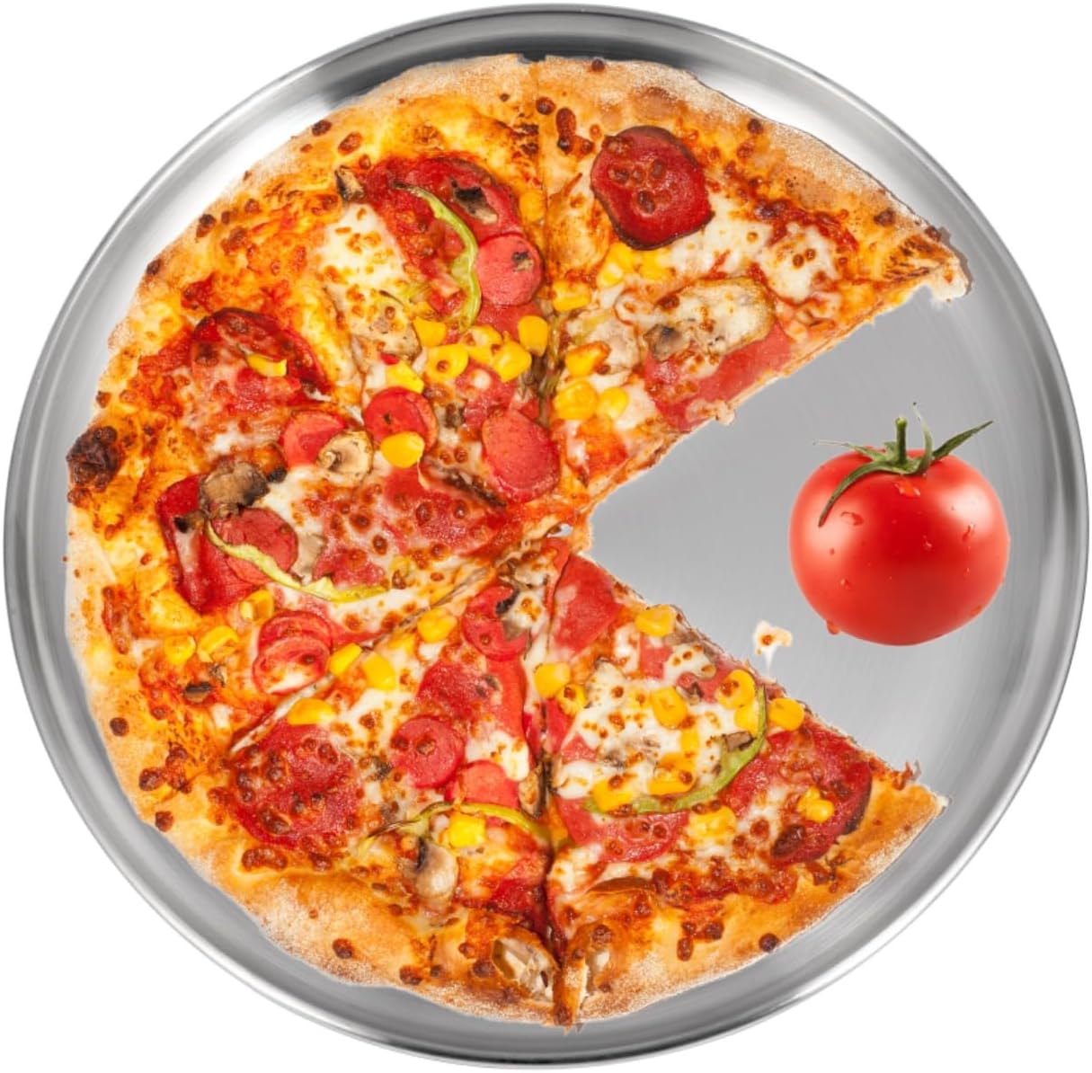 Kichwit Stainless Steel Round Pizza Pan, Silver, Durable Metal Baking Tray for Pizza (1, 13-3/8 Inch)
