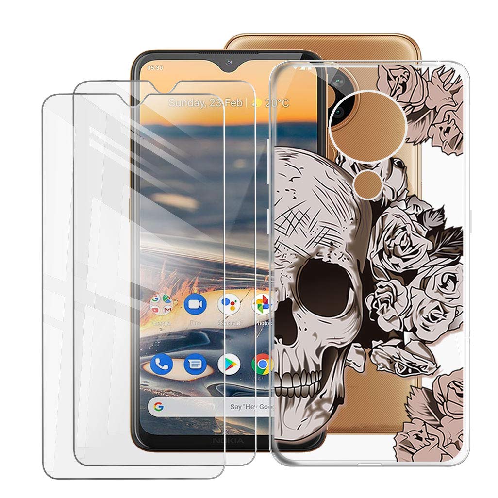 Phone Case Transparent + 2 Pieces Tempered Glass Film for Nokia C5 Endi (6.52 Inches), KJYF HD Screen Protector + Cover TPU Transparent Case Friendly Protective for Nokia C5 Endi - YB43