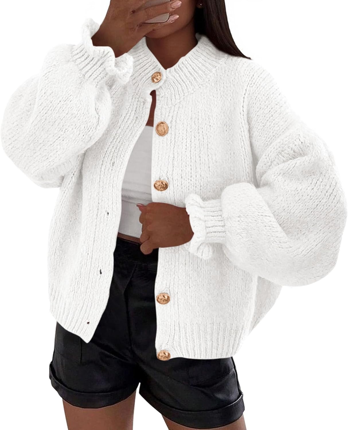 PRETTYGARDEN Womens Cropped Cardigans Trendy 2025 Ruffle Open Front Chunky Knit Sweater Oversized Button Down Fall Clothes