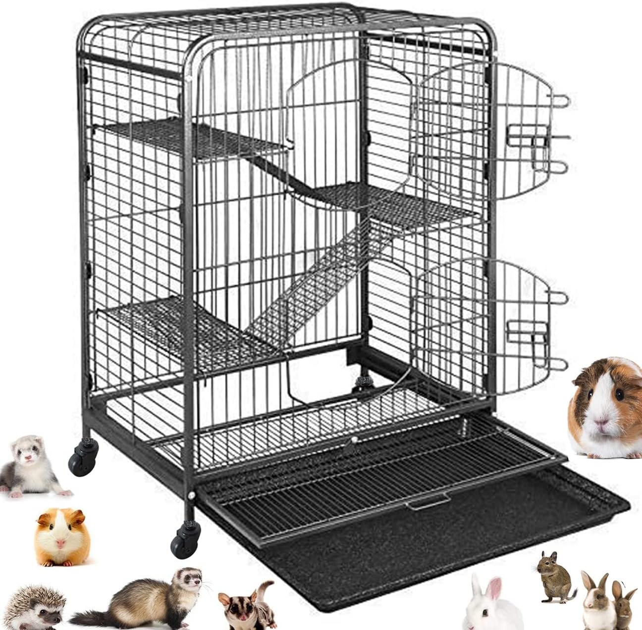 Large 37-inch 4-Levels Metal Ferret Guinea Pig Cage 2 Large Front Doors Small Animal Hutch for Squirrel Rabbit Chinchilla Large Size Rat…