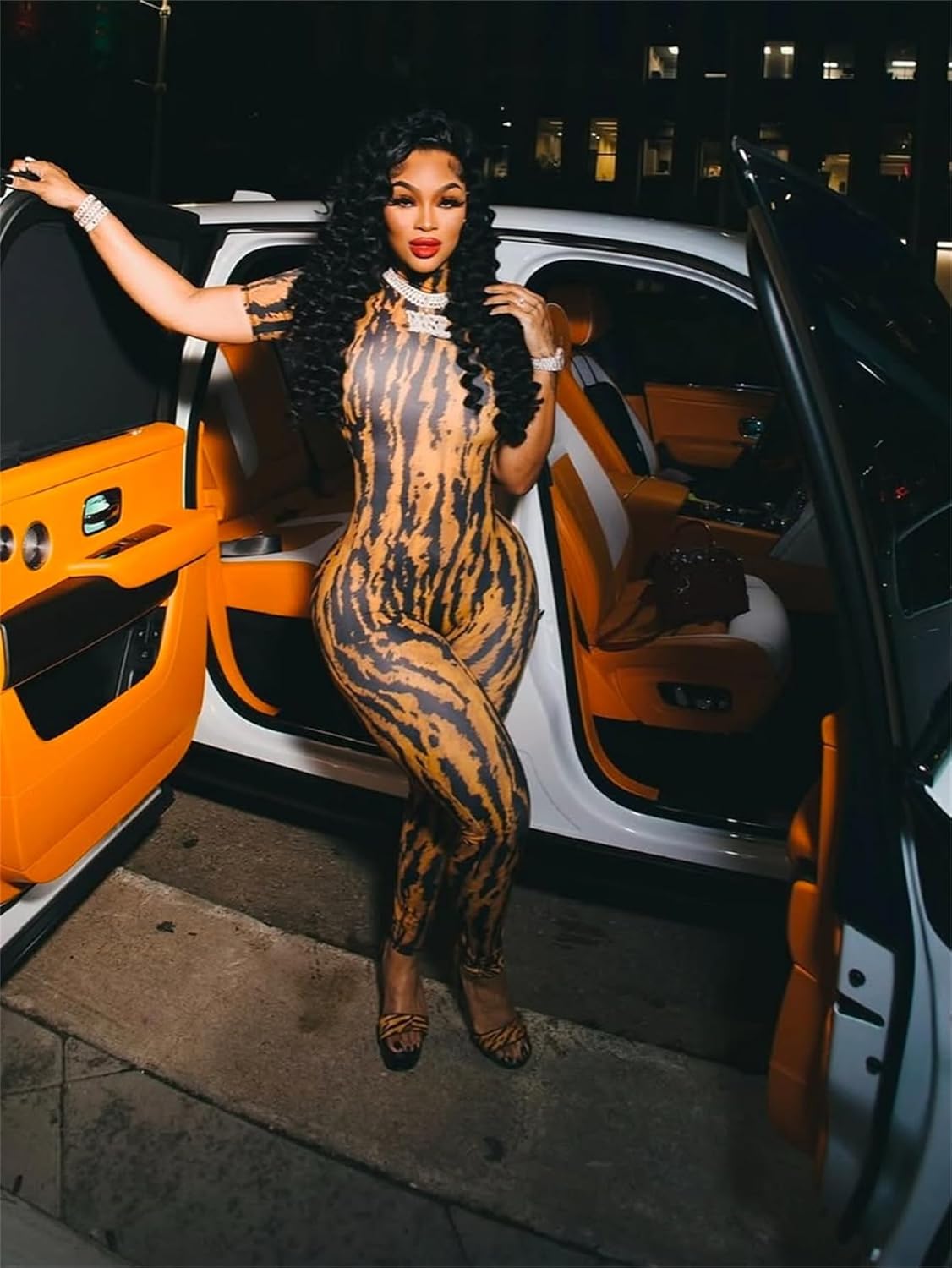 Molilove Women's Sexy Bodycon Jumpsuit Cheetah One Piece Set Backless Animal Print Jumpsuits Mock Neck Short Sleeve Clubwear - Image 6