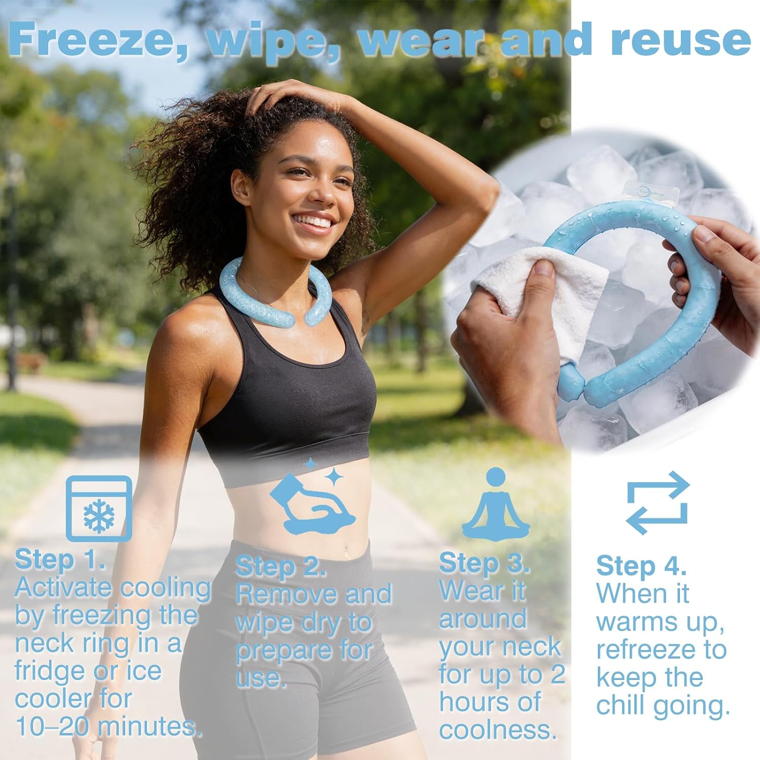2 Pack Neck Cooling Tube with Insulated Bag, Wearable Cooling Ring, Relief for Summer and Hot Flashes, Reusable Ice Ring Neck Cooler Indoor Outdoor, Ice Ring Freezes Under 64℉ (White+Blue)