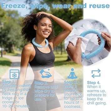 2 Pack Neck Cooling Tube with Insulated Bag, Wearable Cooling Ring, Relief for Summer and Hot Flashes, Reusable Ice Ring Neck Cooler Indoor Outdoor, Ice Ring Freezes Under 64F (Blue+Blue)