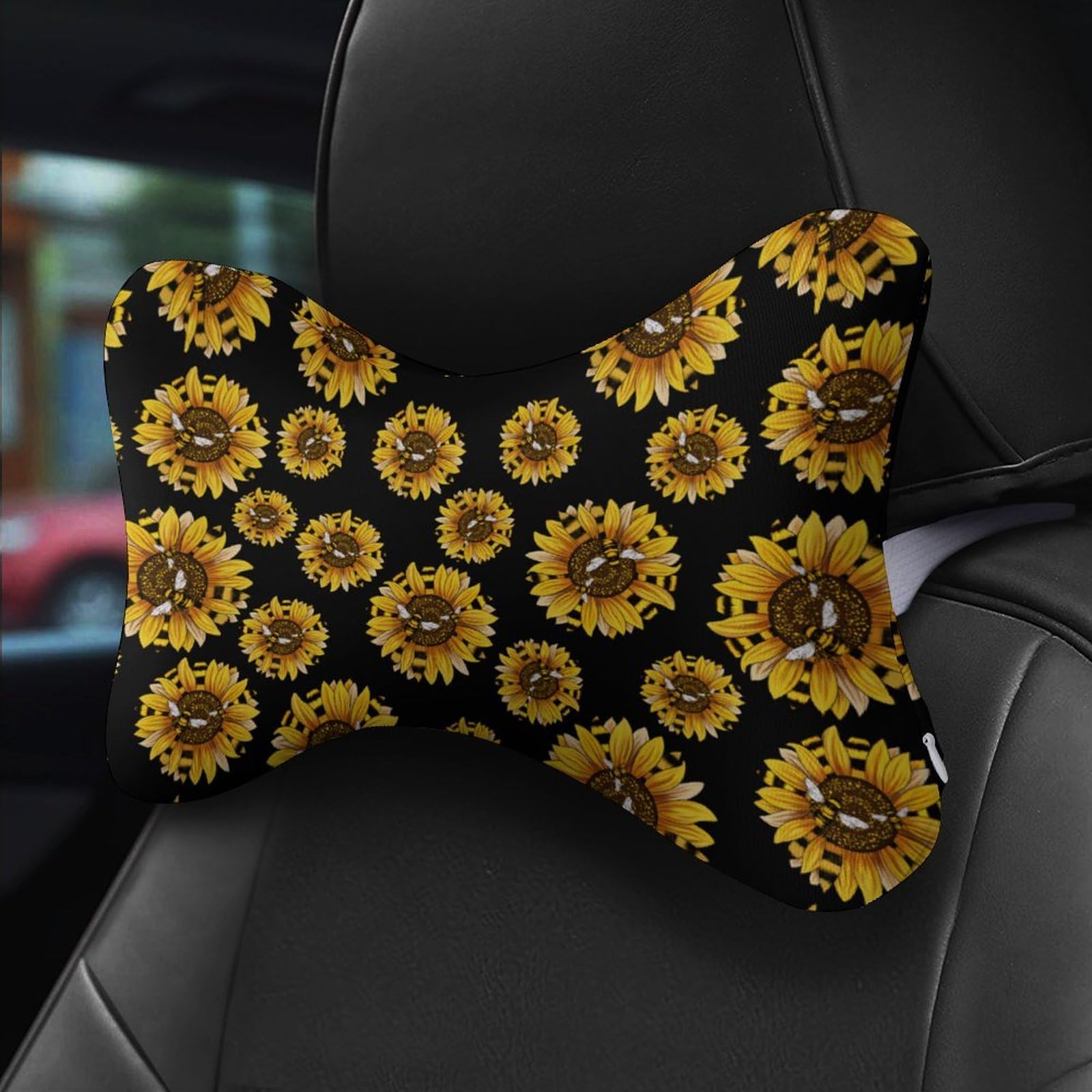 SMAZDFXX Funny Honeycomb Bee Sunflower Car Neck Pillow Set of 2 Car Seat Head Support Cushion Bone Pillows with Elastic Strap