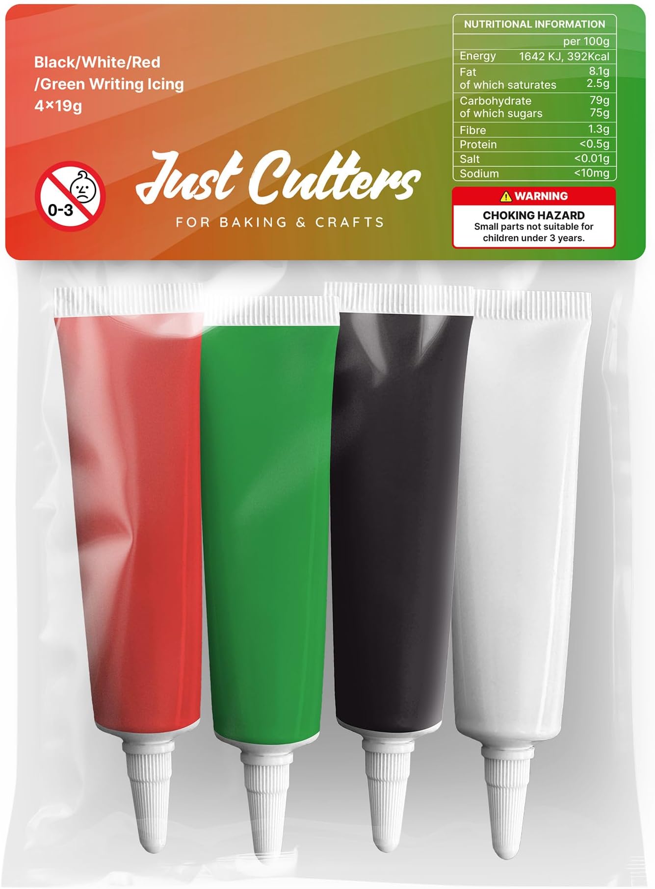 JUST CUTTERS Ready to Use Writing Icing Tubes, 4x19g, Instant Icing Pens for Cakes, Biscuits & Baking (Red/Green/White/Black)