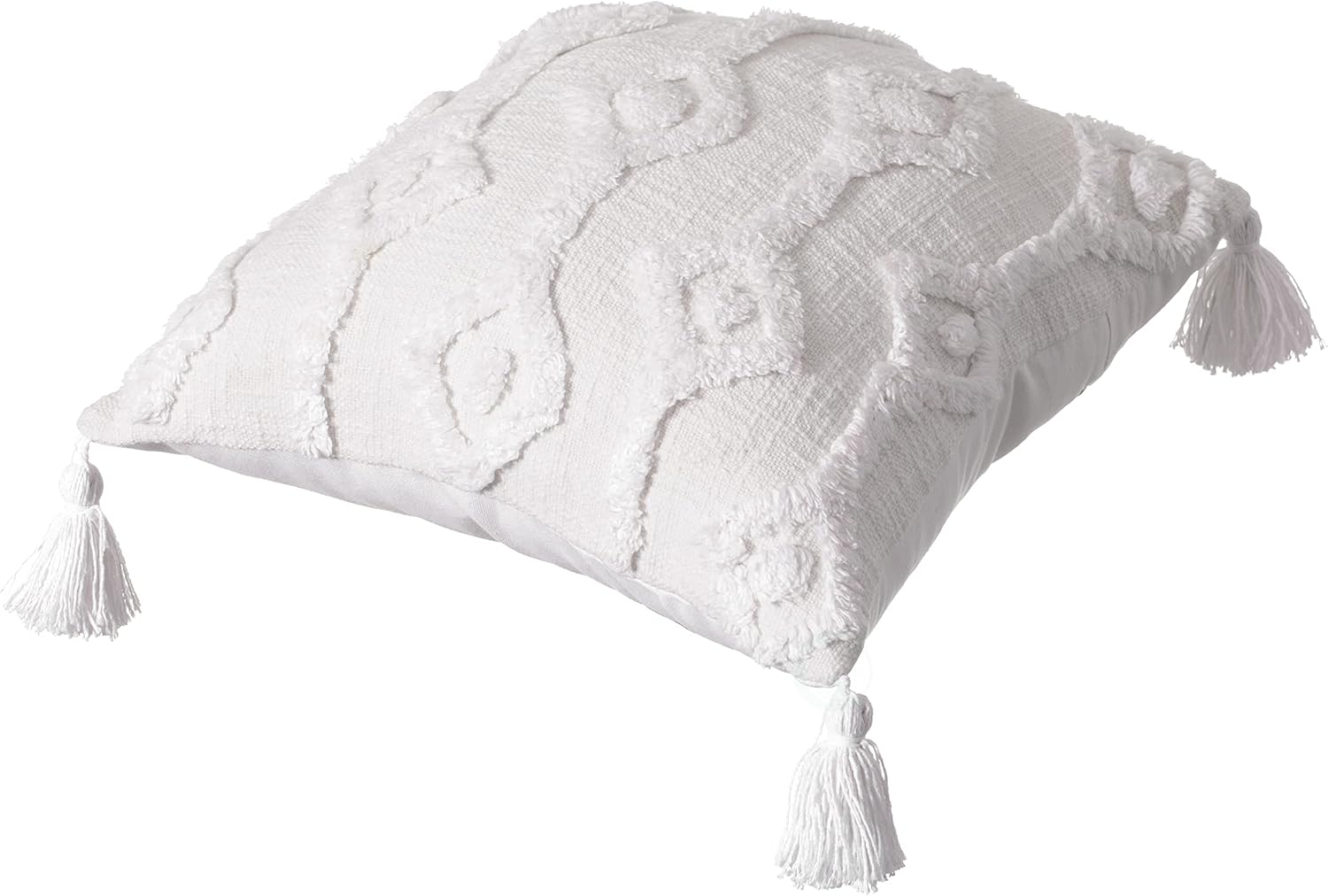 Deerlux 16" Handwoven Cotton Throw Pillow Cover with Small White Tufted Diamond Pattern and Tassel Corners, White