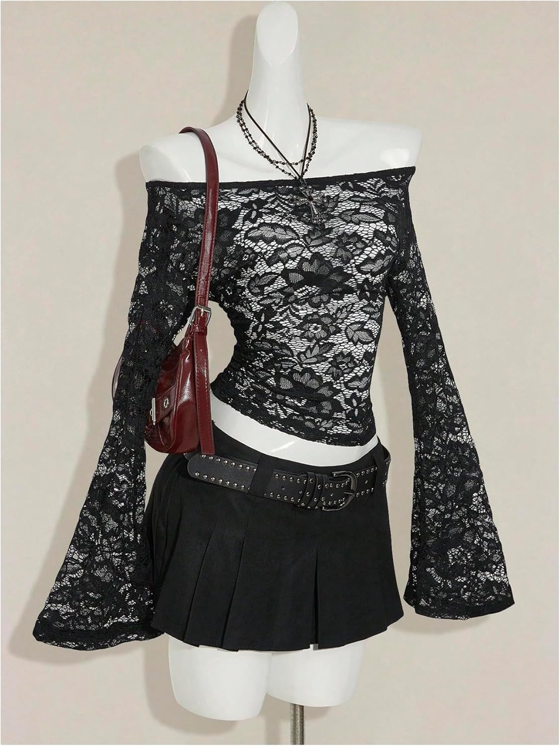 Women's Off The Shoulder Crop Tops Sexy Lace Sheer Mesh Party Club Tops Long Bell Sleeve Going Out T Shirts - Image 3