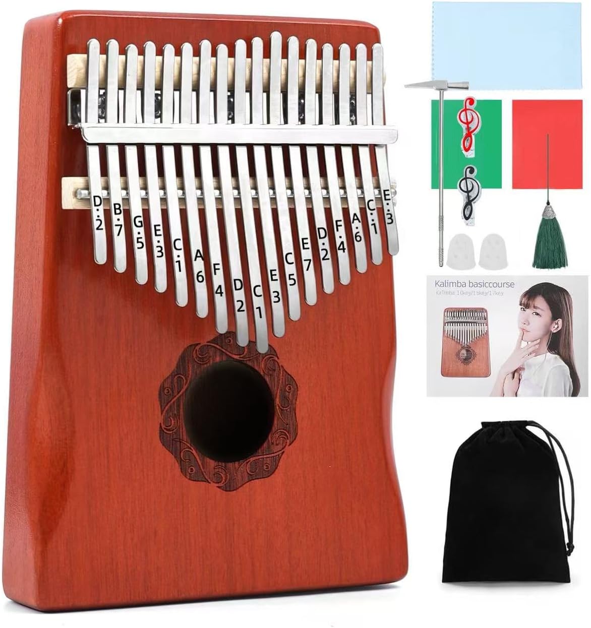 KaLimba Thumb Piano 17 Keys, Red Portable Mbira Finger Piano with Tune Hammer and Instruction, Musical Instruments Hand Piano Gifts for Kids, Adults and Music Beginners