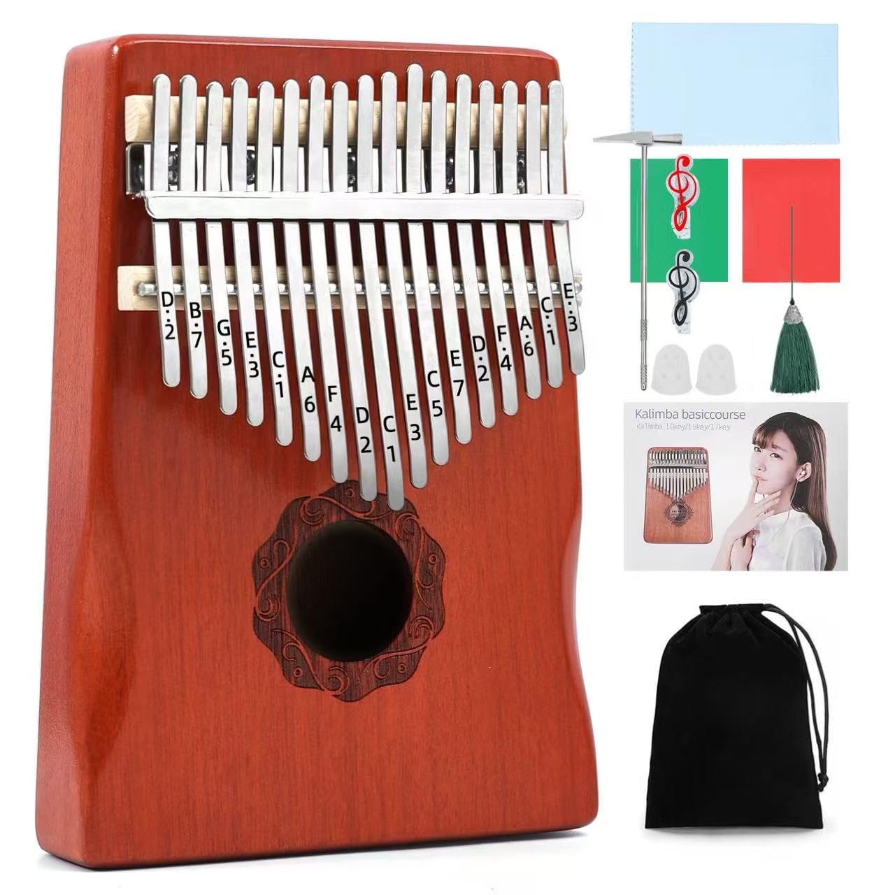 KaLimba Thumb Piano 17 Keys Red Portable Mbira Finger Piano with Study Instruction Tune Hammer Musical Instruments Birthday