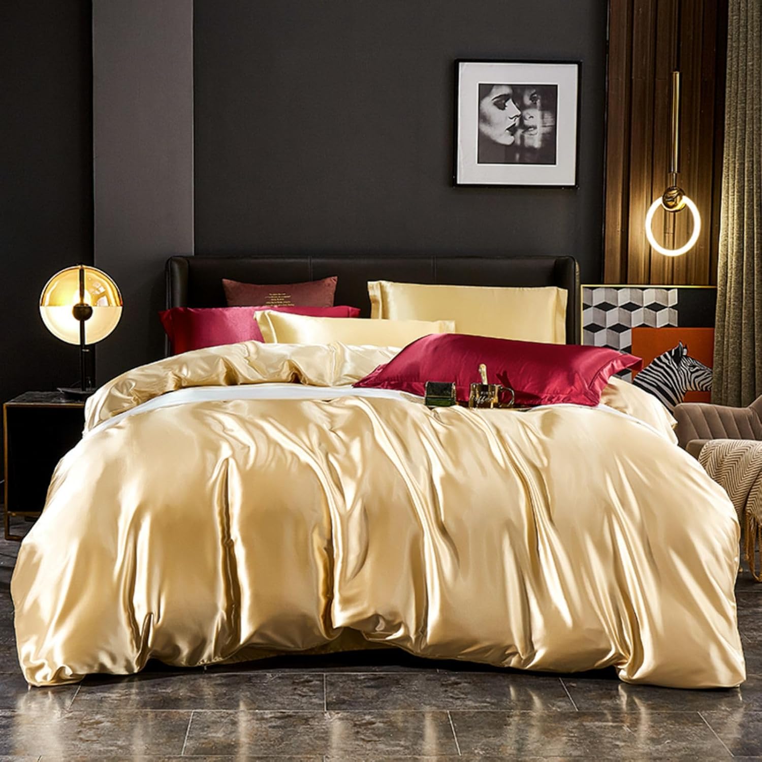 Freyamy Satin Bed Linen 200 x 220 cm 3Piece Gold Plain Silky Smooth