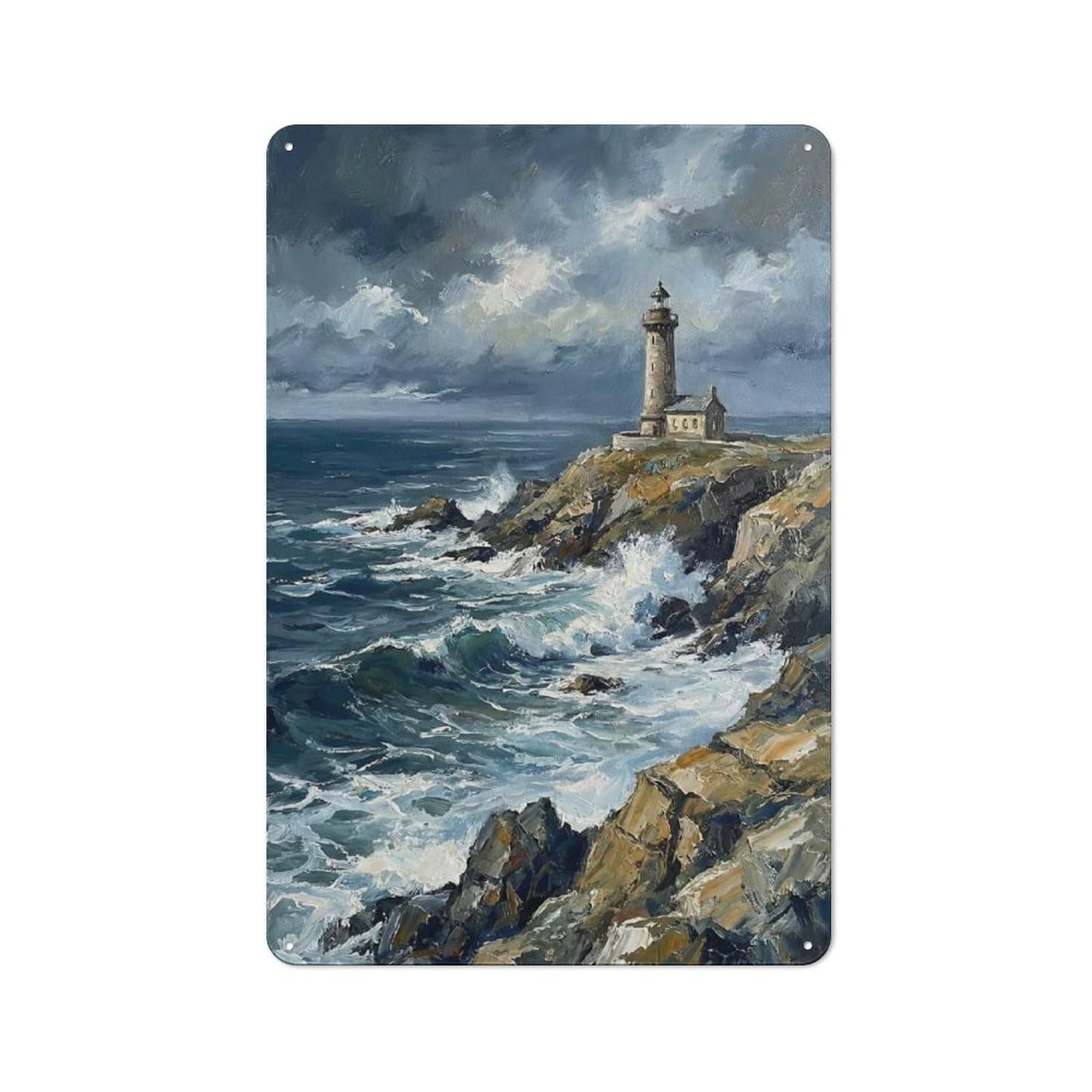 Junmoney Style-8 Metal Plaque With Lighthouse On A Rocky Coast Design 30X20cm, Retro Kitchen Wall Decor For Bakery, Diner, Cafe Or Family Room