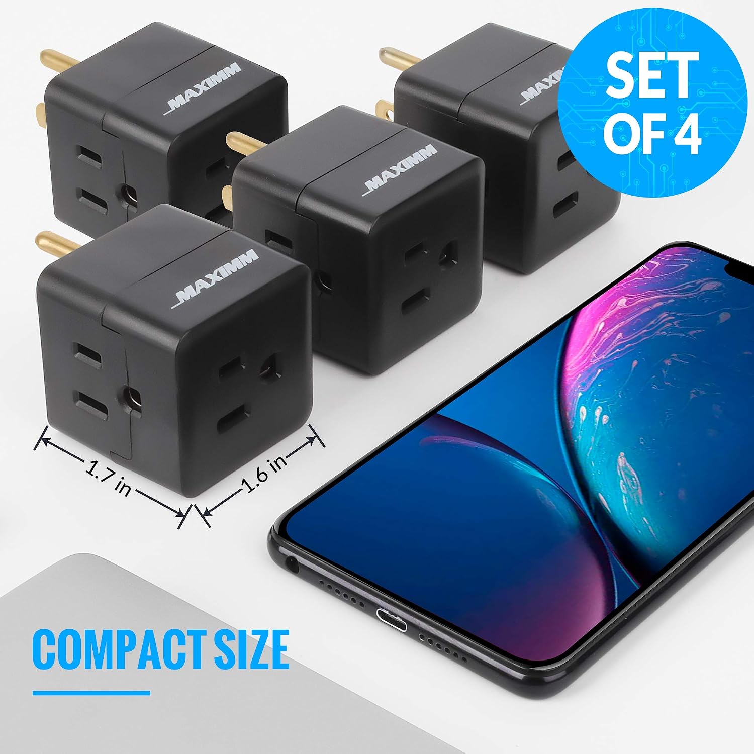 Maximm 3 Outlet Cube Plug Adapter, 4-Pack, Black, ETL Listed