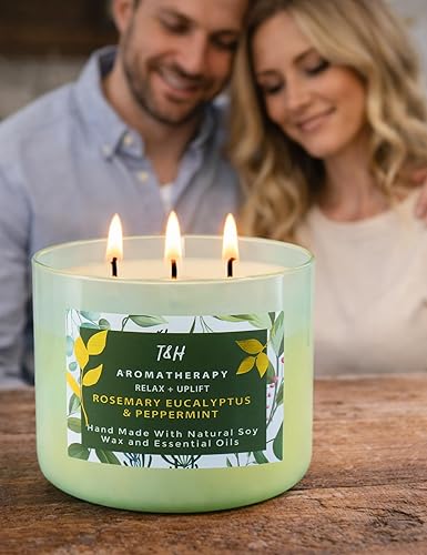 Miniatura 3 de Vela de soja de 3 mechas de eucalipto y romero, 15.8 onzas, vela grande de eucalipto para aliviar el estrés para el hogar, velas de relajación de