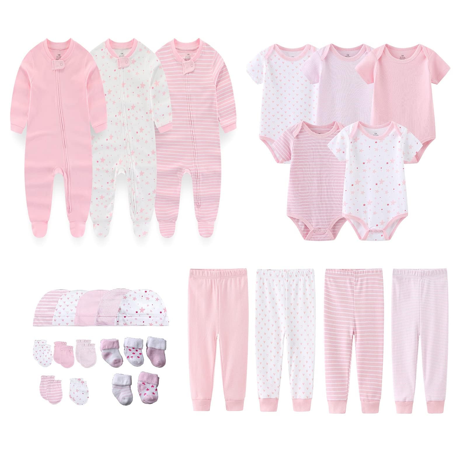 Newborn Layette Gift Set 27-Piece Baby Girl Clothes Bodysuits Pants Essentials and Accessories 0-12Months