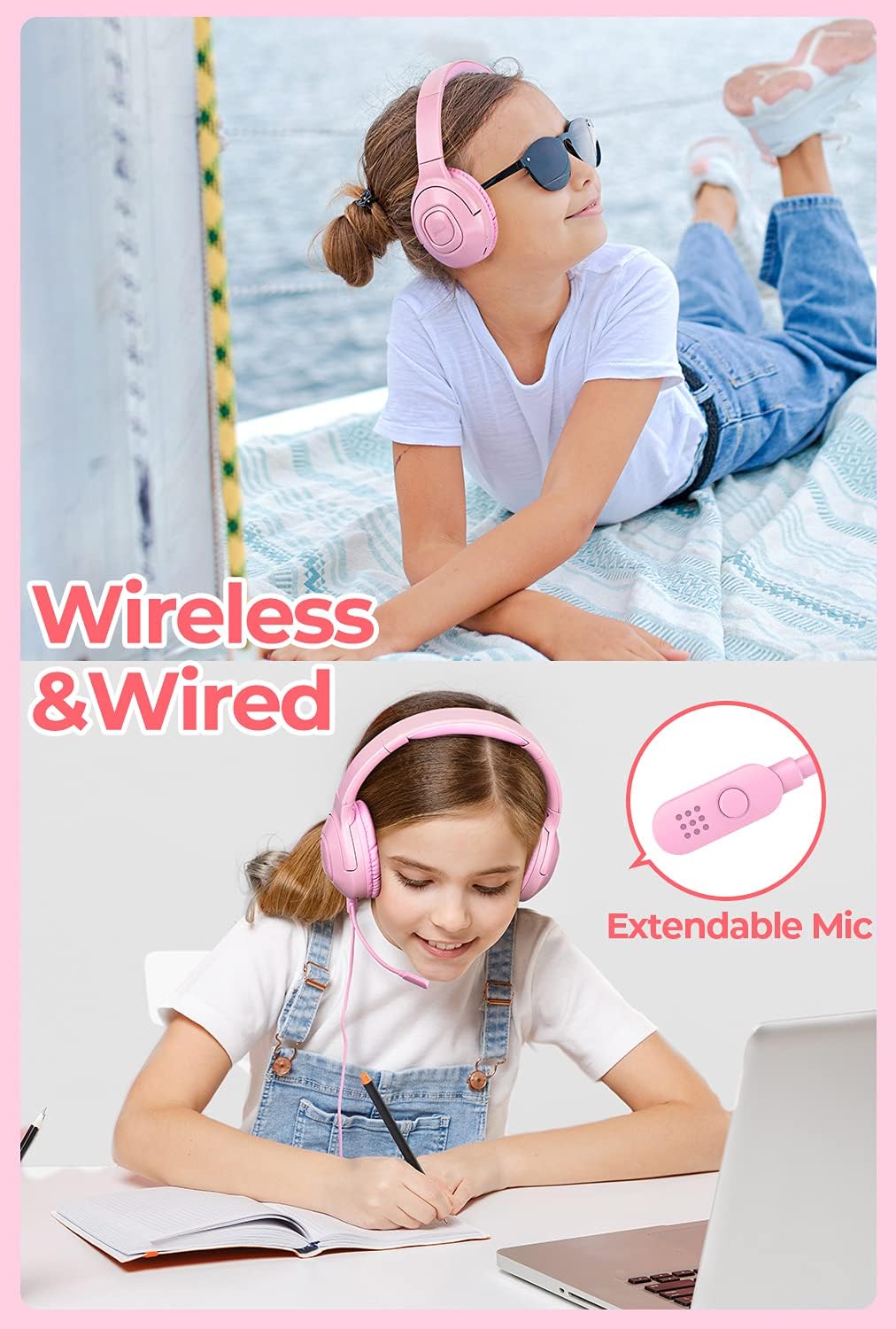 Picun E5 Kids Wireless Headphones with Microphone, Bluetooth 5.0 Over Ear Wireless Kids Headphones with Volume Control 85dB/93dB, 40H Playtime, Sharing Function, for School/iPad/Tablet/Boys/Girls