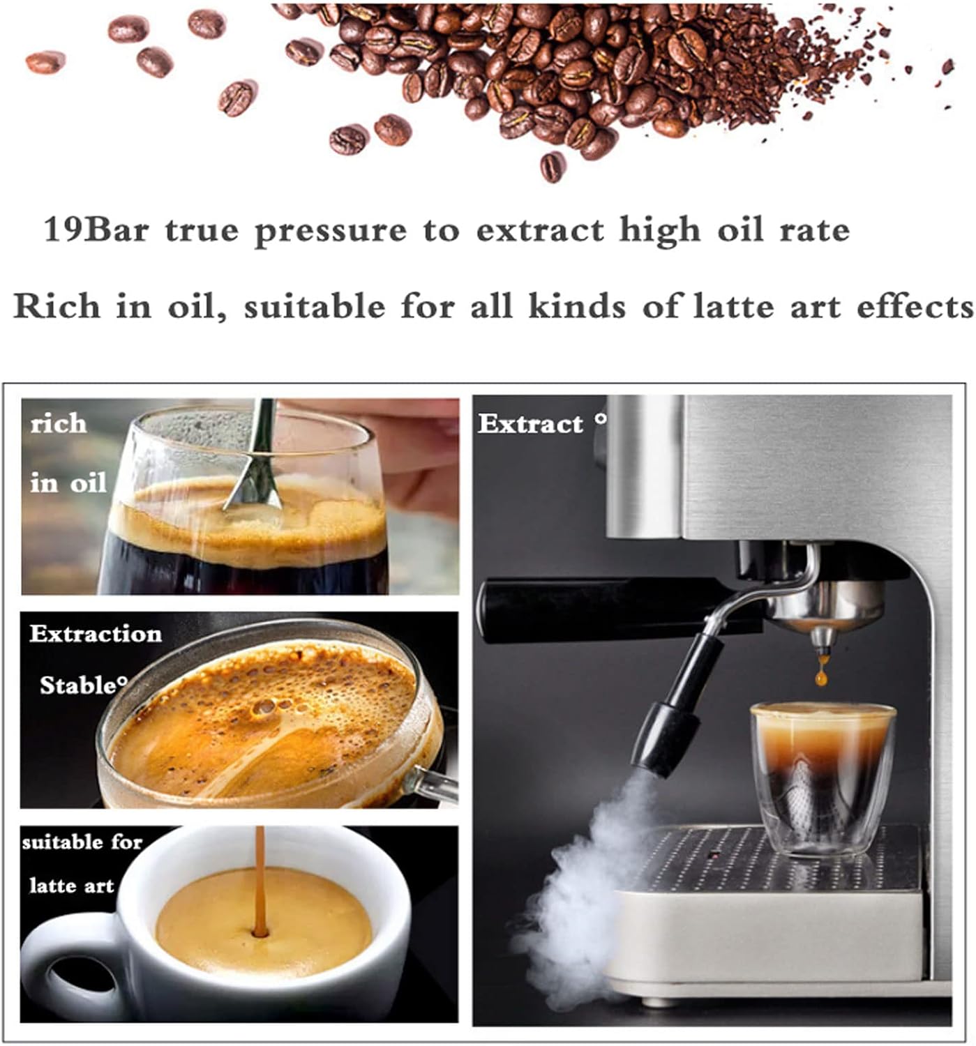 Fully Automatic Espresso Machine Milk Froth Coffee Machine, 19Bar Pressure, Suitable for Cappuccino Mocha Latte
