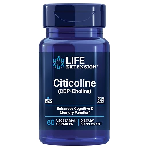 Life Extension Citicoline (CDP-Choline) - Citicoline Supplement for Brain & Cognitive Health, Focus, Attention, Memory Function - Non-GMO, Gluten Free, Vegetarian - 60 Capsules