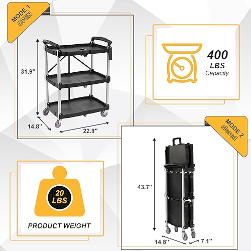 Miniatura 2 de ELEVON Carrito de servicio plegable portátil plegable de servicio de 3 niveles, carrito plegable de empuje, carros utilitarios plegables con ruedas