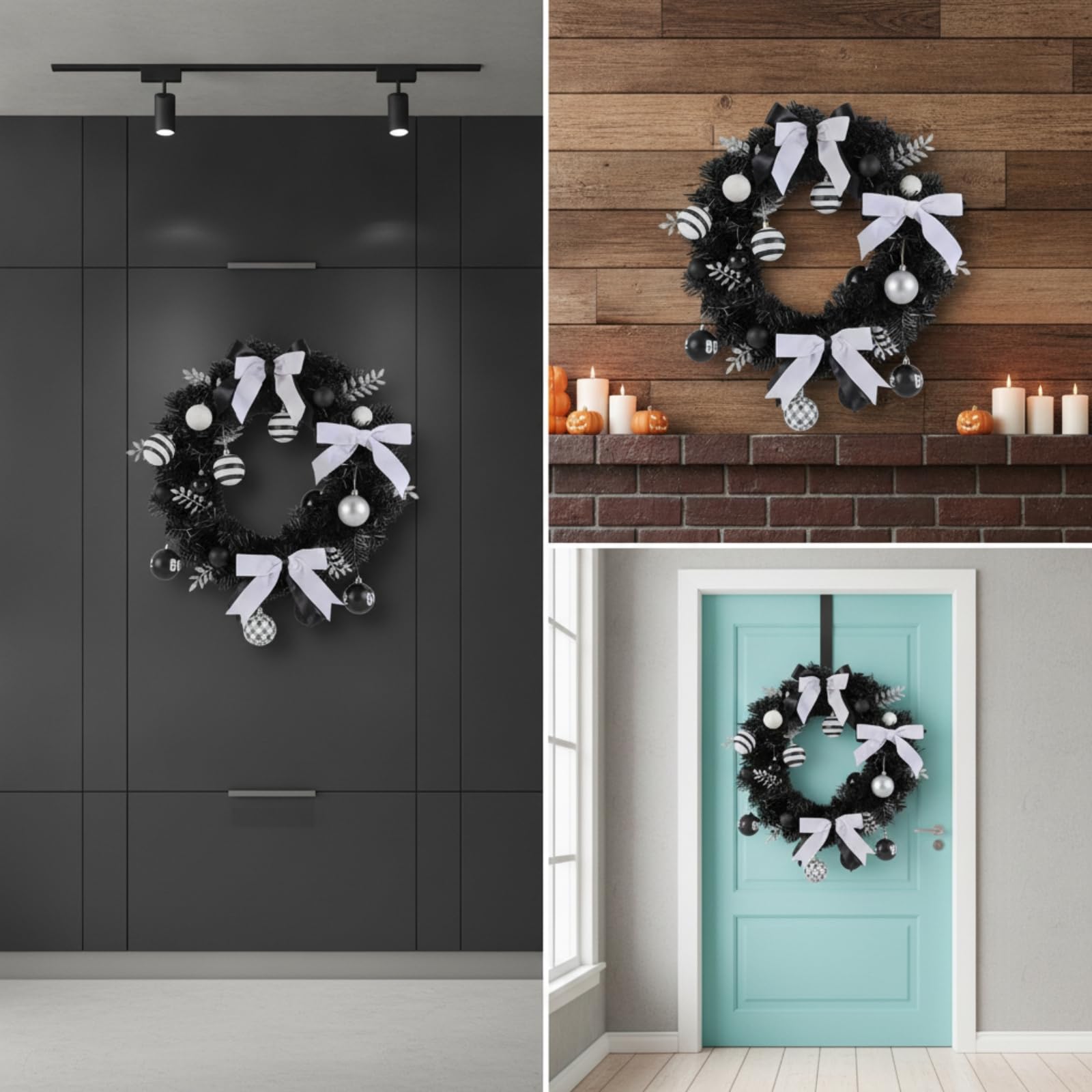 Festlicher Türkranz Weihnachtskranz Dekokranz Adventskranz mit Kugeln aus Und Stoff Schwarze Tanne mit Weißem Kontrast Und Schleifenband für Vordertür Wohnzimmer 50cm
