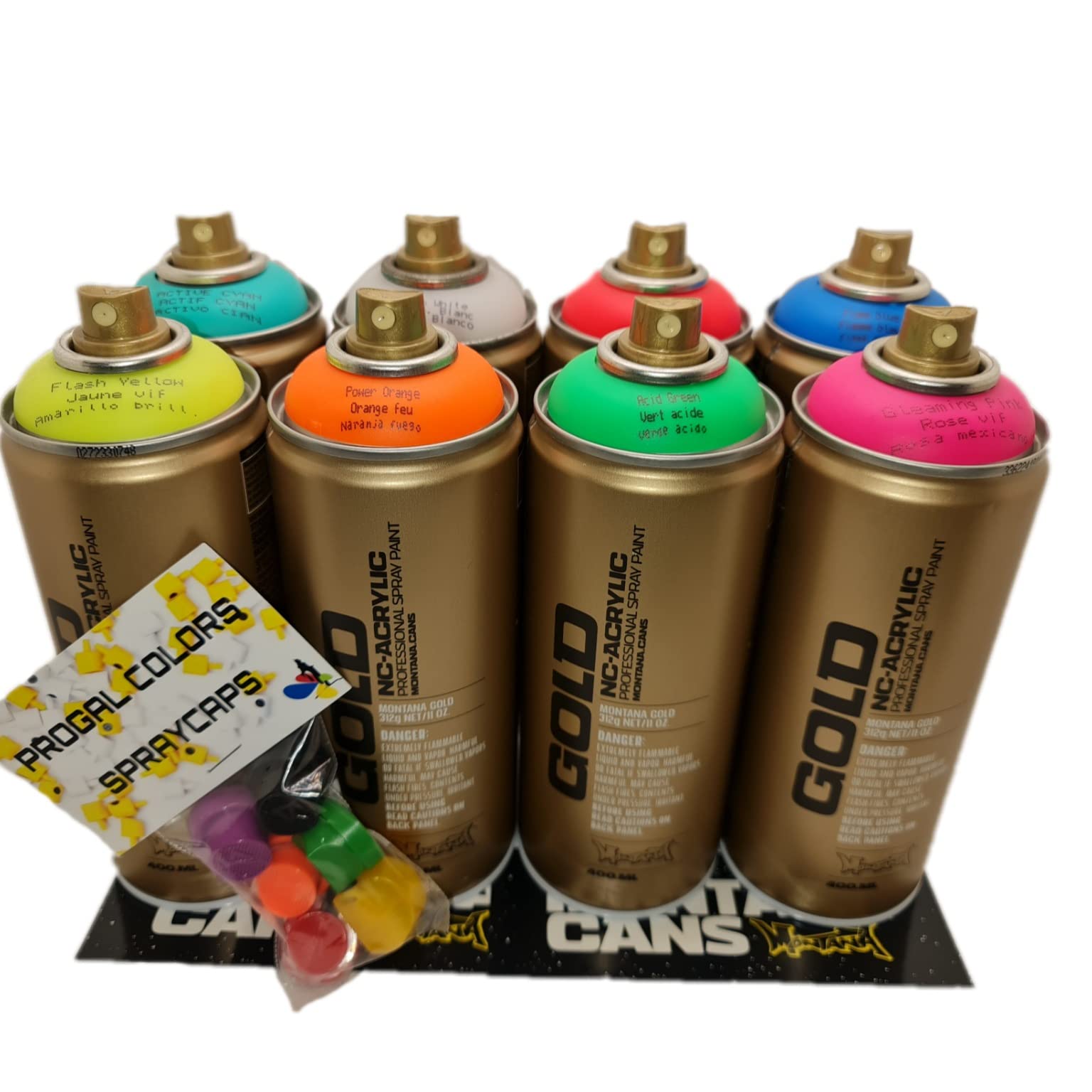 PROGAL COLORS Montana Cans - Montana Gold - Set di 8 Colori Fluorescenti Neon 400 ml e 6 Testine di Ricambio - Vernice Spray UV, Brillano con Luce Nera