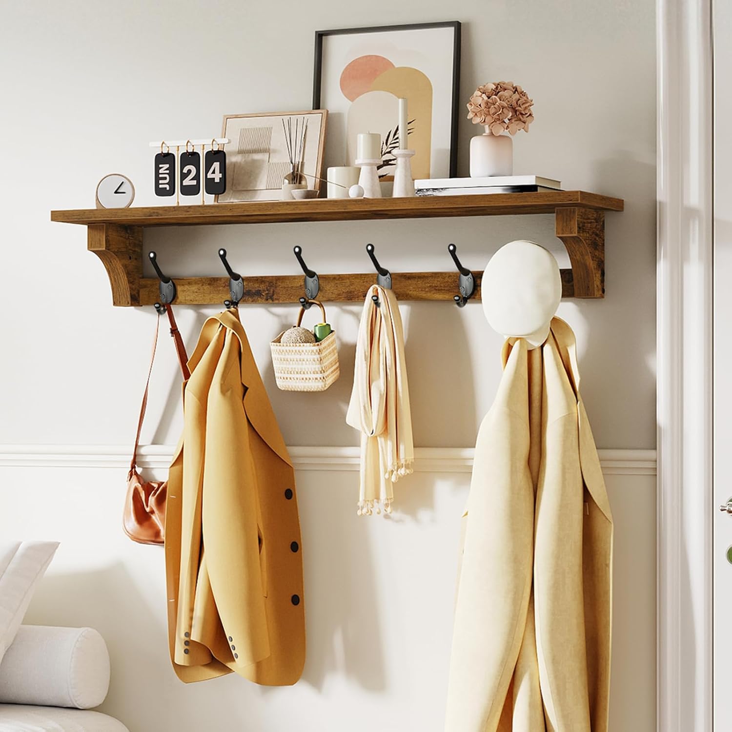 Coat Rack Wall Mount Shelf, 29" Long Entryway Shelf with 6 Hooks, Coat Hangers for Living Room, Farmhouse Wooden Wall Floating Shelves for Bathroom, Bedroom, Kitchen, Rustic Brown 7401BJBF