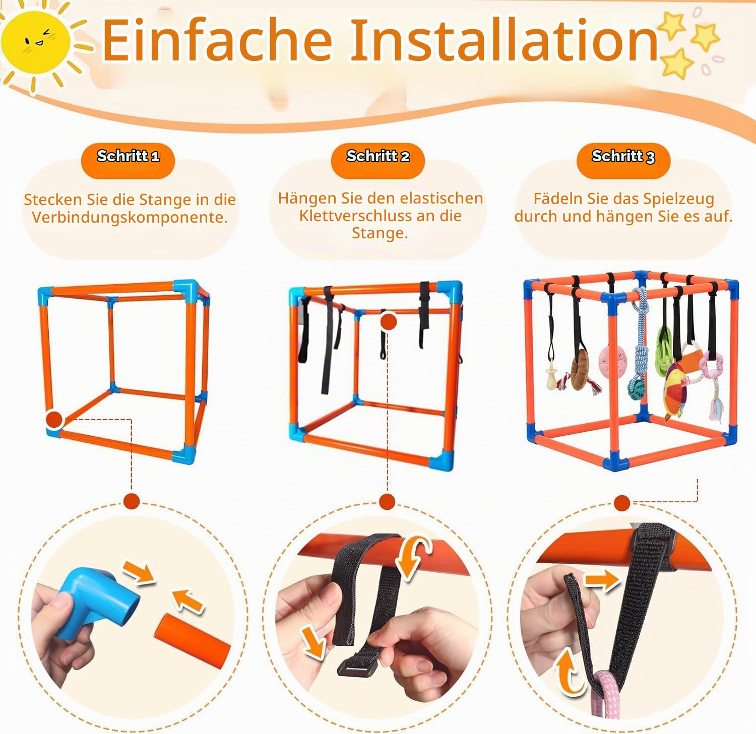 Welpenspielstudio für kleine Hunde mit 9 Hängenden Spielzeugen,Abnehmbarer Interaktiver Bereicherung Katze Puppy Play Gym Cat Indoor Dschungel Spielplatz,PVC-Rahmen mit Bungee-Gurten und Kauspielzeug