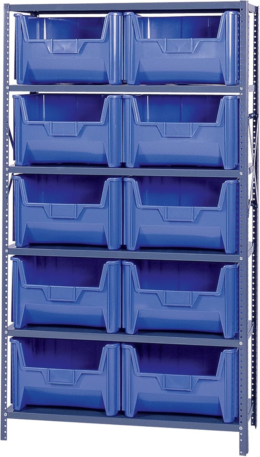 Quantum Storage Metal Shelving Unit with 10 Giant Hopper Bins - 42in.W x 18in.D x 75in.H, Blue, Model Number QSBU-700BL