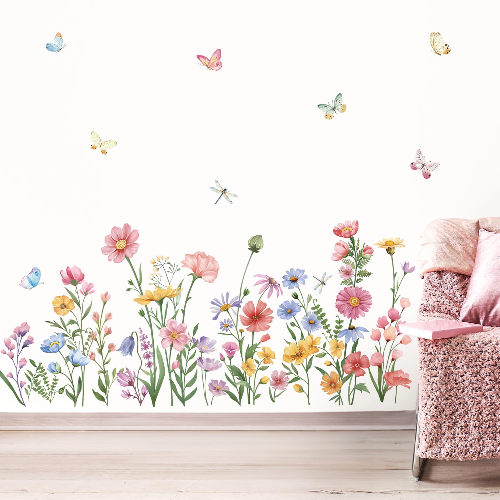 wondever Pink Wildflower Wall Stickers Garden Flower Daisy Butterflies Floral Botanical Wall Art Decals for Bedroom Living Room Sofa - Image 3