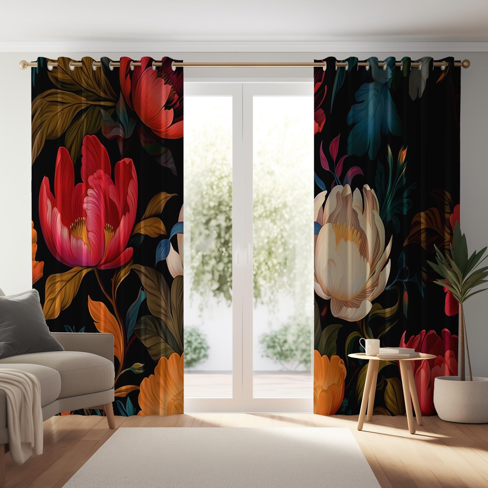 Zasłony zaciemniające do wnętrz - eleganckie kwiaty, liście, nieprzezroczysta, sypialnia, 140 x 260 cm (2 panele), czarne termiczne zasłony z oczkami do biura i salonu