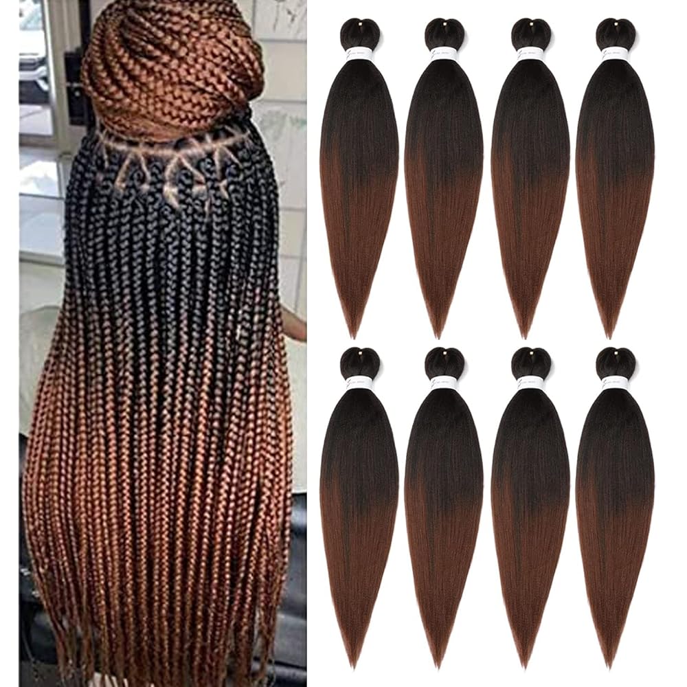 Braiding Hair Pre Stretched 24 Inch 8 Packs Ombre Braiding Hair Professional Soft Yaki Texture, Hot Water Setting Hair Extensions for Braids (24in,1B/30)