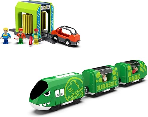 Juego de tren de juguete y estación de lavado de autos para pistas de madera, juguetes de tren compatibles con Thomas, Brio, Chuggington