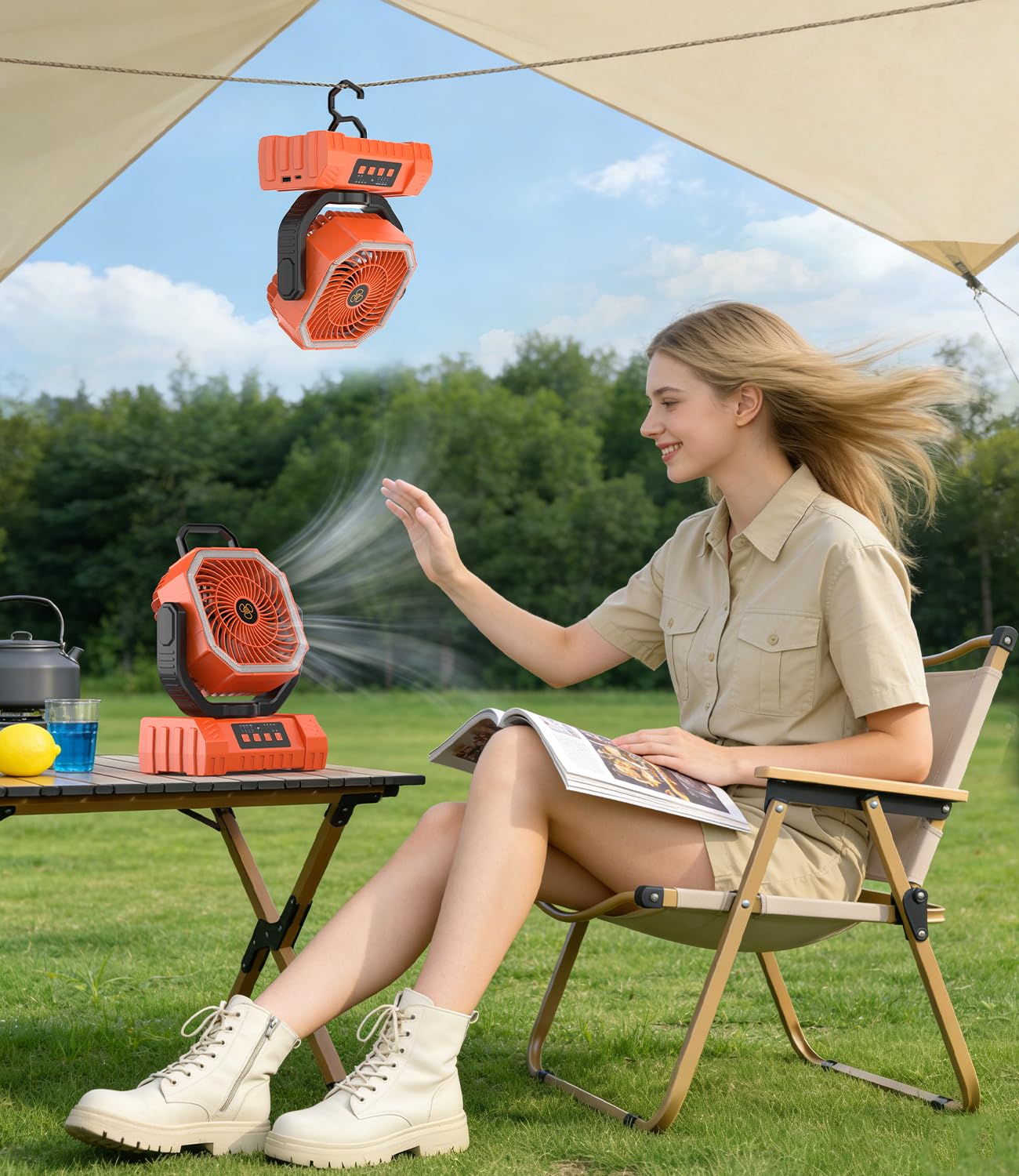 Tragbarer Camping Ventilator 20000mAh Akku mit LED Licht & Fernbedienung, USB Leise Tischventilator für Outdoor Camping Zelt Stromausfall Angeln Orange