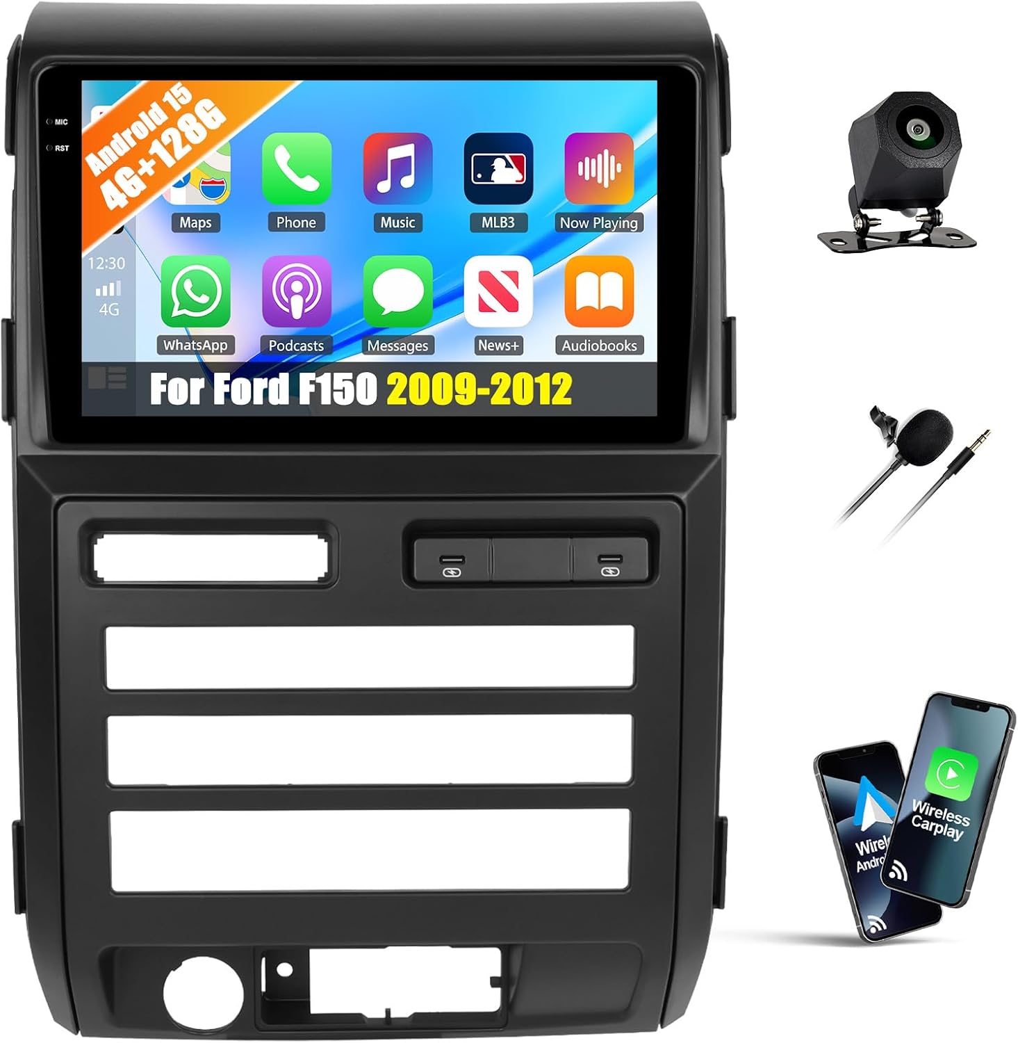 Android 15 4G+128G Car Stereo for Ford F150 2009 2010 2011 2012 with Wireless Carplay Android Auto, 9" Incell Touchscreen Head Unit Bluetooth 5.0 32 EQ WiFi FM/RDS GPS Mirror Link SWC Backup Camera