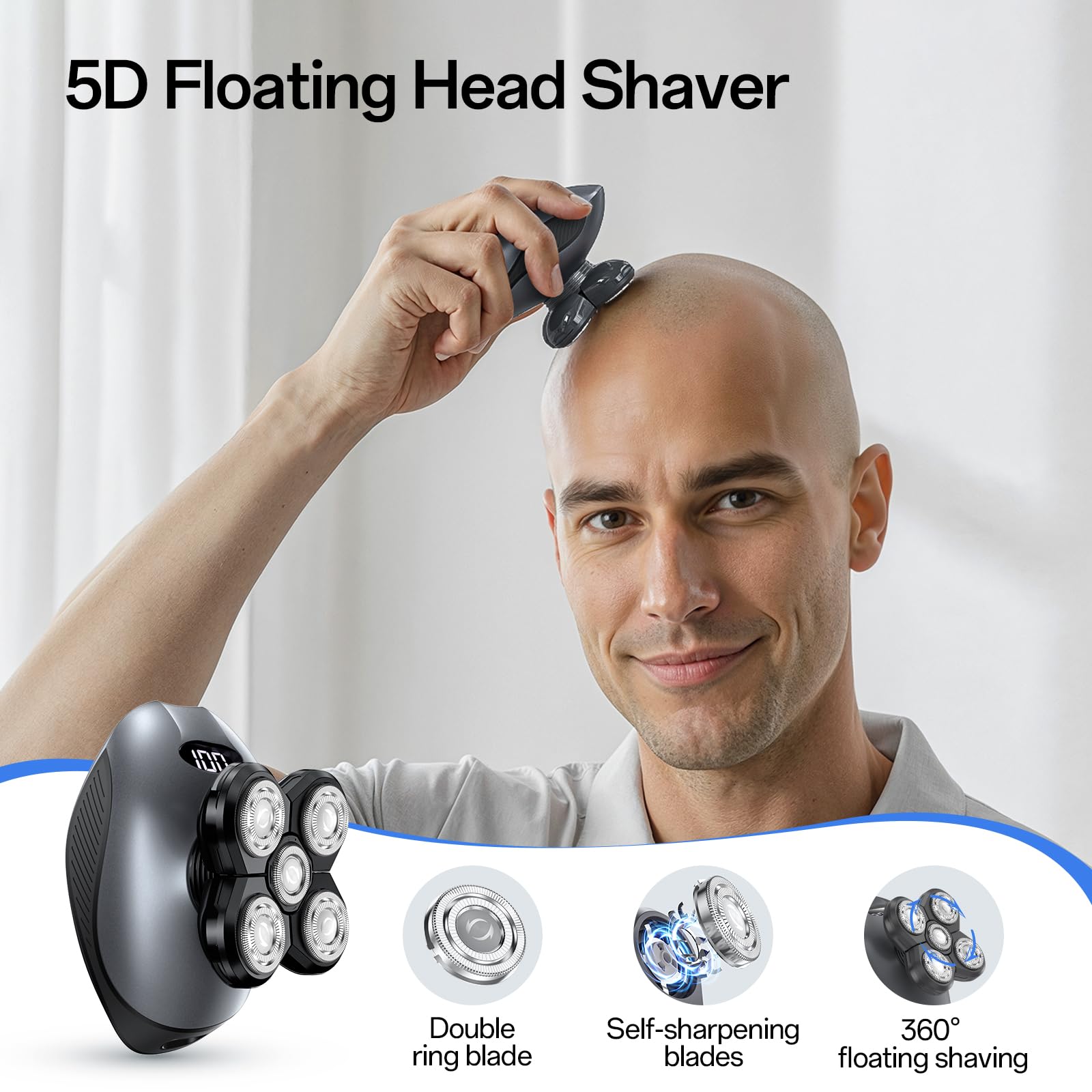 Electric Razor for Men, Head & Body Hair Shaver for Men, Cordless Rechargeable Wet/Dry Bald Head & Groin Waterproof Razor with Rotary Blades,Clippers, Beard Trimmer,Nose Trimmer, Brush (Gray)