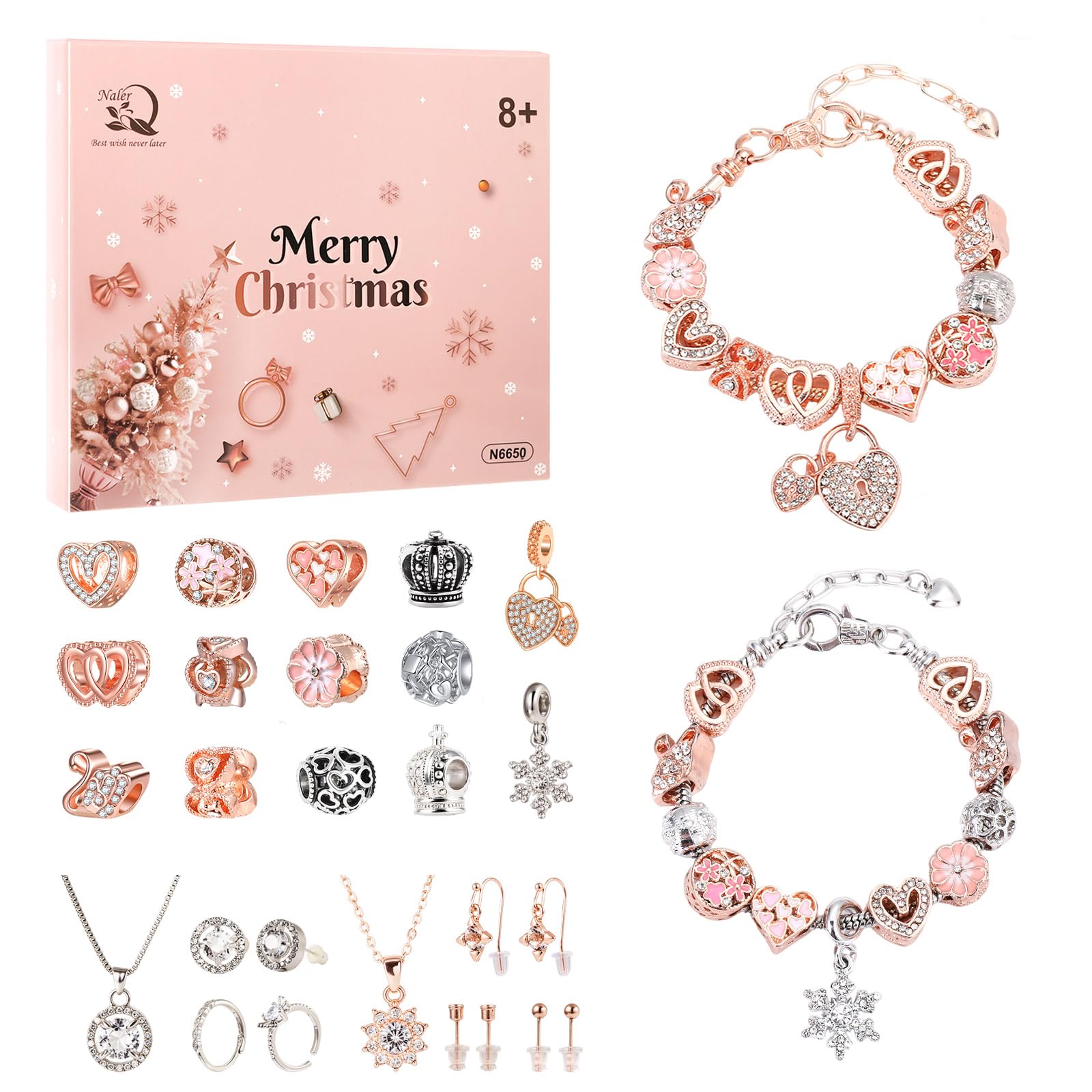 Naler Calendario Avvento 2025 Gioielli per Ragazze, Braccialetti DIY con Ciondoli, Collana, Orecchini e Anelli in Acciaio Inossidabile - Regalo Originale per Bambine 6-12 Anni