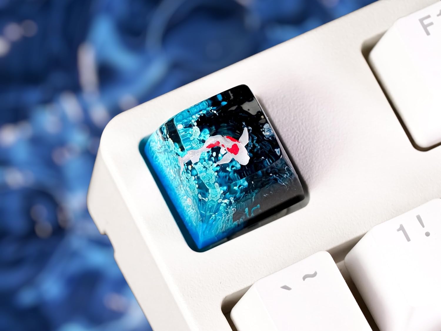 Koi Fish Artisan Keycap Blue Black - 1U ESC, R1 SA Profile Custom Handmade Resin Cherry MX Switch Key Cap Mechanical Keyboard, Cool Tech Gifts for Men, Dad, Father, Gamer, Koi Lover