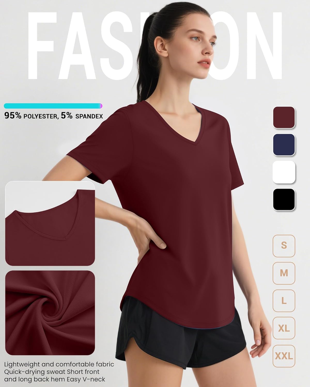 4 Pack Women's Quick Dry Workout Tops Exercise V Neck Short Sleeve Gym Side Slits Curved Hem UV Shirts - Image 3