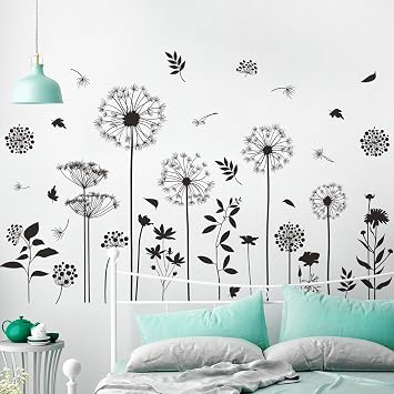 Black Flower Wall Decals Peel and Stick Simple Boho Flower Wall Sticker Wildflower Plants Dandelion Wall Decor Removable Vinyl Wall Mural for Girl Room Bedroom Living Room Home FX-C413