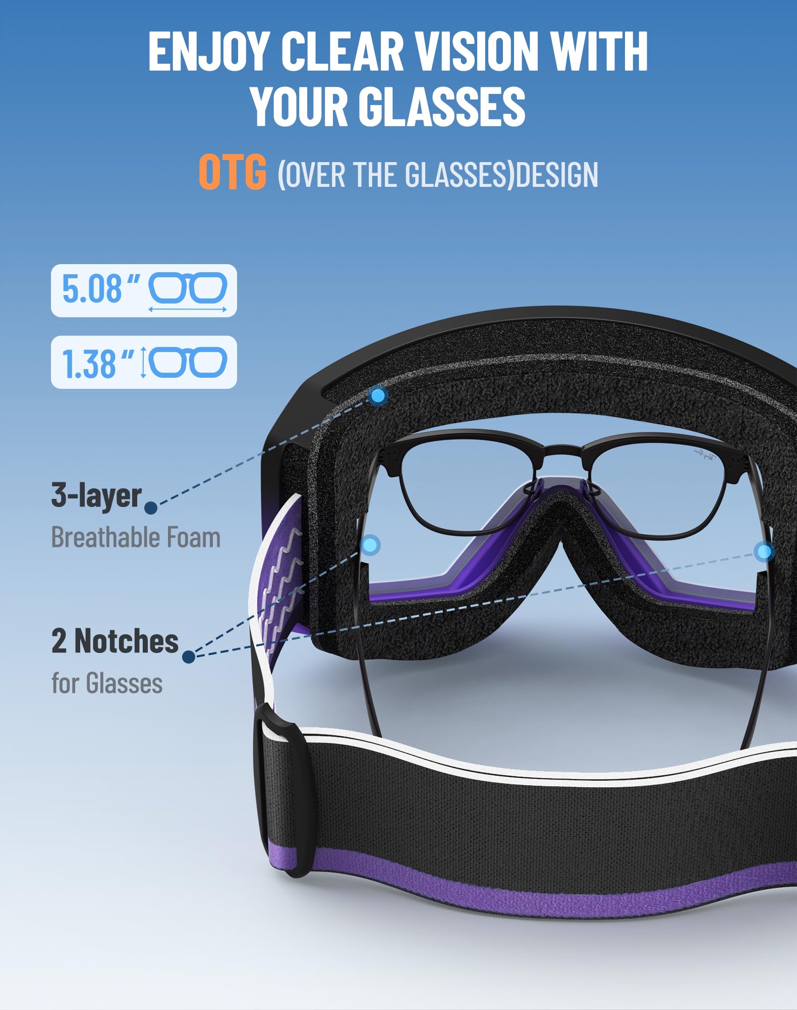 Innerking Occhiali da sci/snowboard OTG per uomini, donne e ragazzi, occhiali da neve per sport da neve, anti appannamento, protezione UV400 al 100%