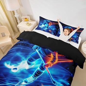 Feelyou Ice Hockey Bedding Set Hockey Player Comforter Cover for Kids Adult Sports Event Duvet Cover Winter Sports Hobby Bed Set Bright Room Decor 2Pcs with 1 Pillow Case Twin Size (No Comforter)