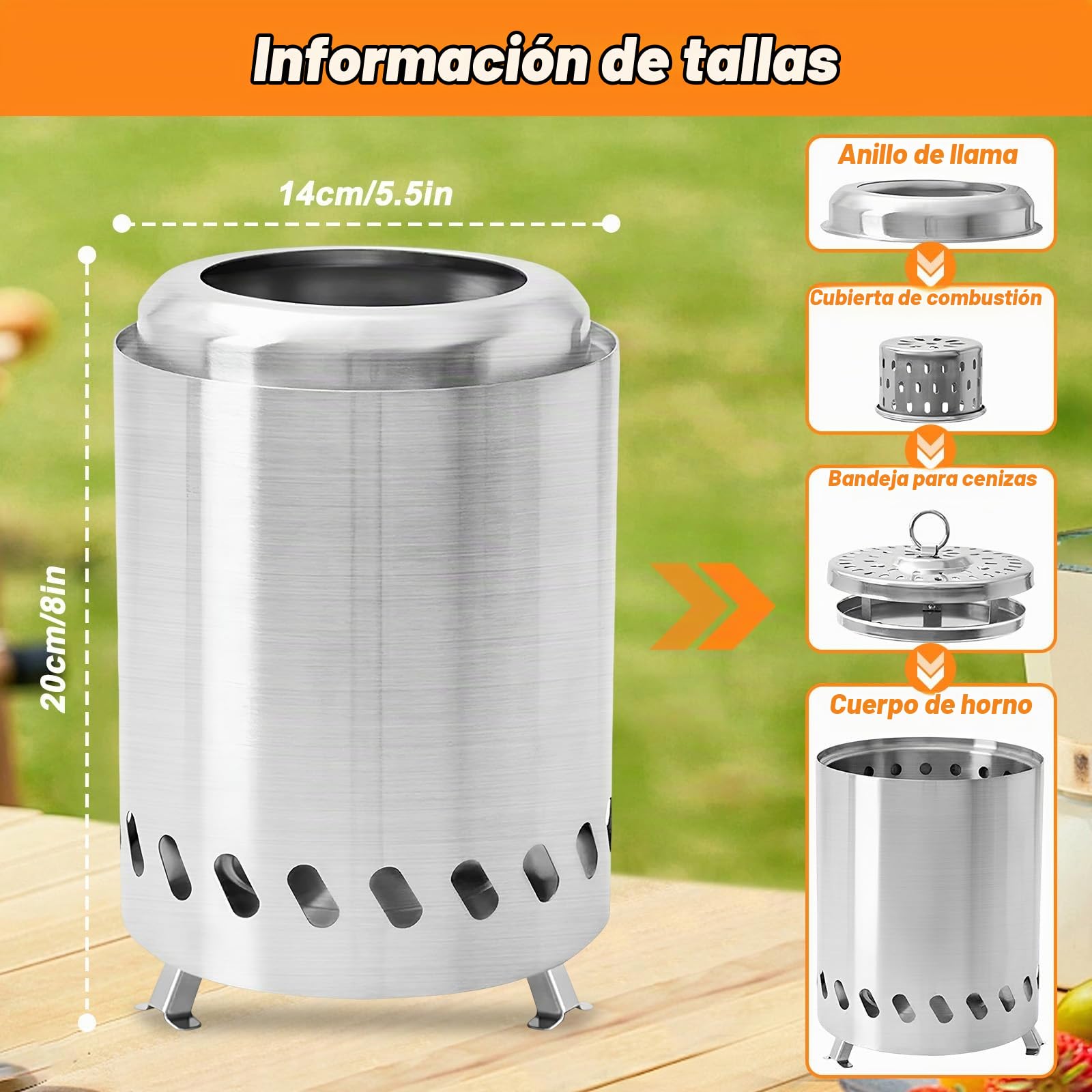 Brasero Sin Humo con Soporte & Bolsa Almacenamiento, Chimenea Mesa Acero Inoxidable, Hoguera Barbacoa para Madera,Pellets,Barril Fuego Portátil para Exteriores,Camping,Decoración Jardín,Terraza,Balcón