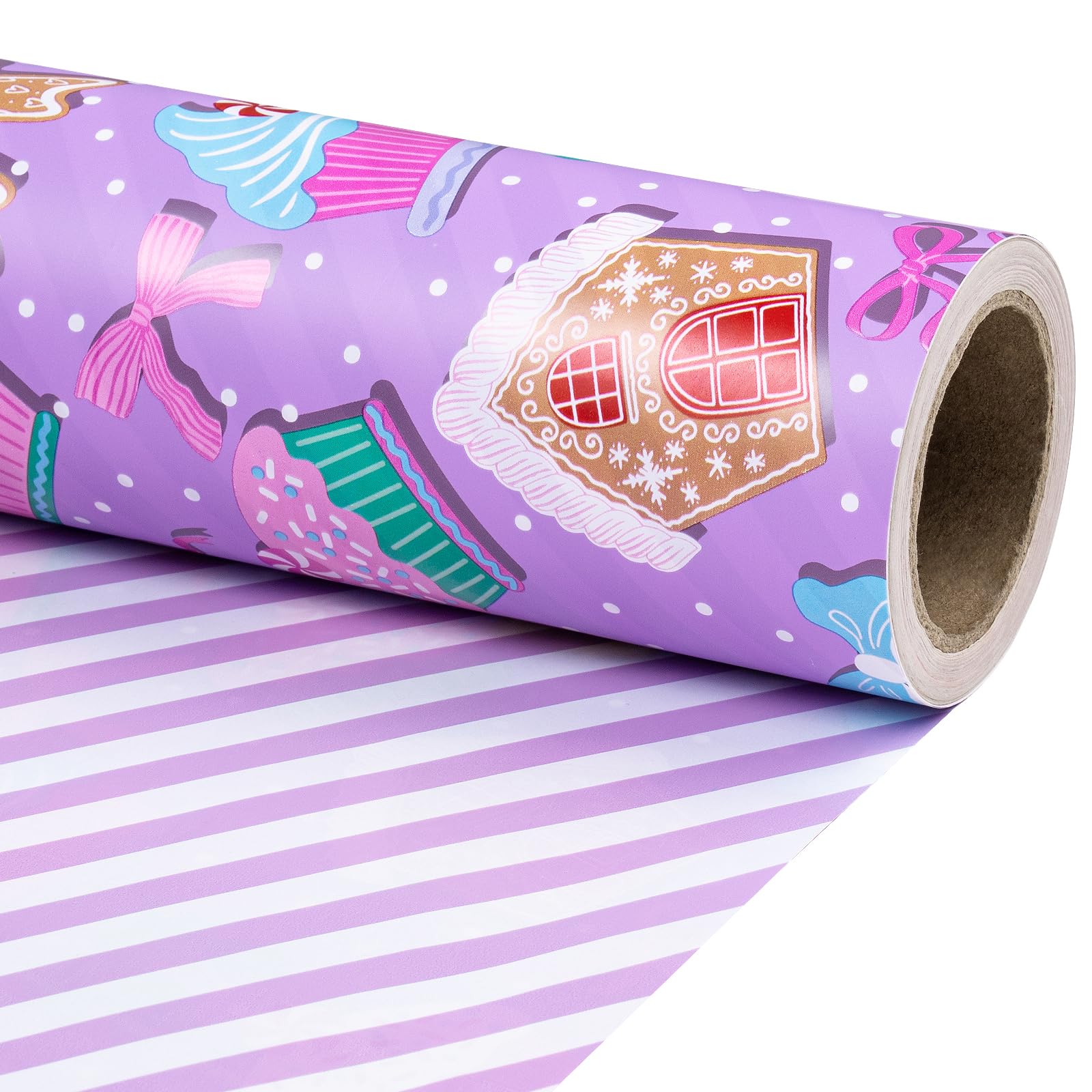 RUSPEPA Christmas Reversible Wrapping Paper Roll for Kids Girls, Mini Roll, Purple Gingerbread Cookies, Candy Canes and White Purple Stripes Ideal for Gifts, Christmas, 43.2cm x 5m — image 1
